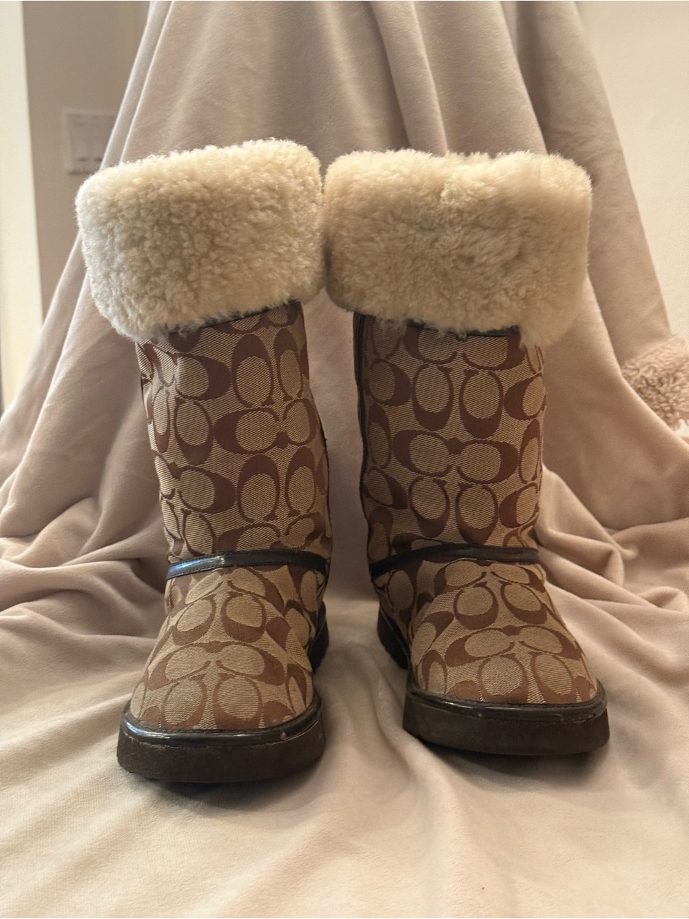 Coach Tan Signature Logo Shearling Cuff Winter Boots